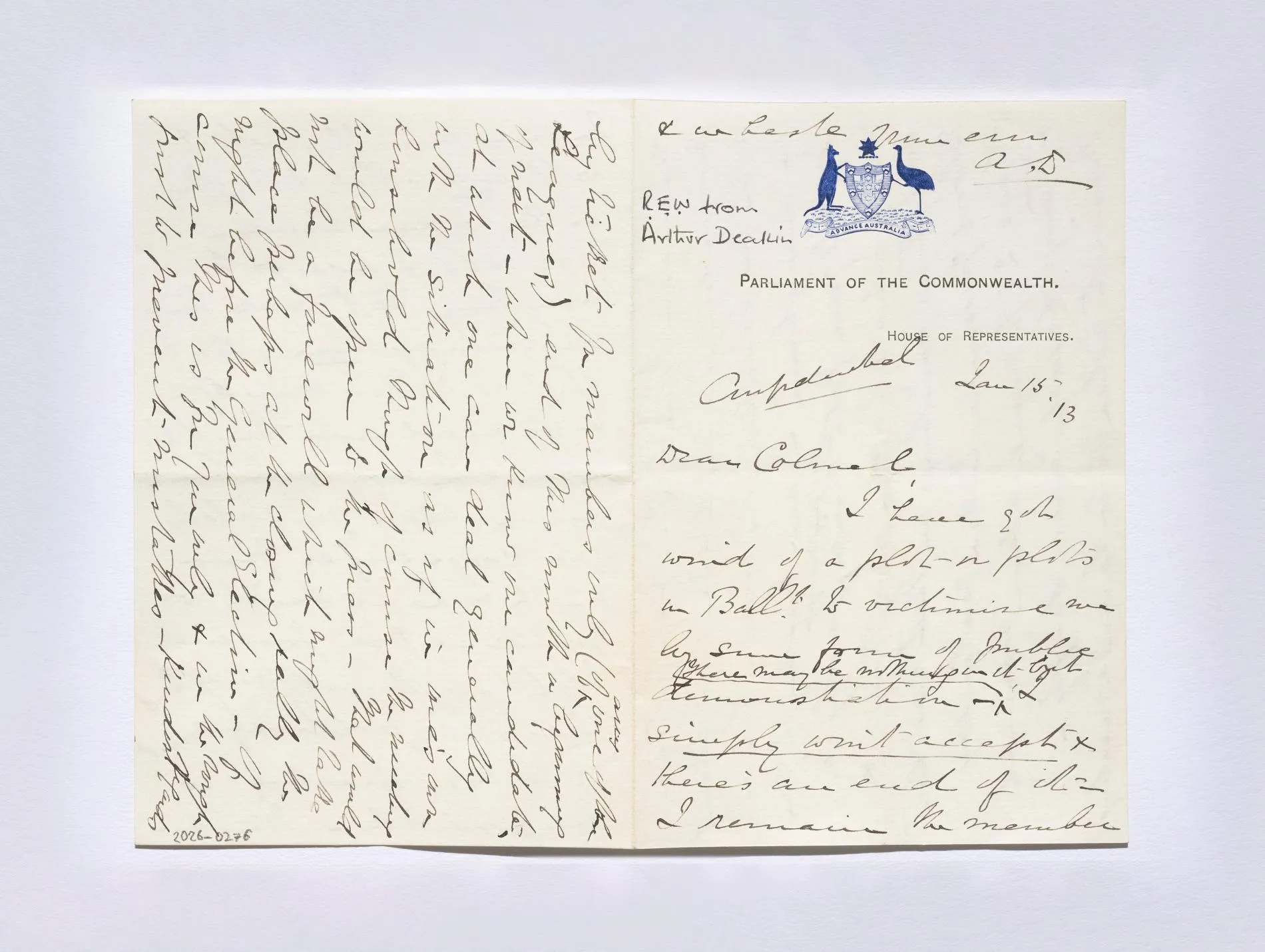 A letter from Deakin to Williams, the handwriting is old fashioned and cursive.