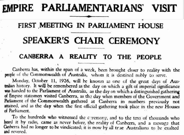 Newspaper cutting describing the first meeting in Parliament House and presentation of the Speaker's Chair.