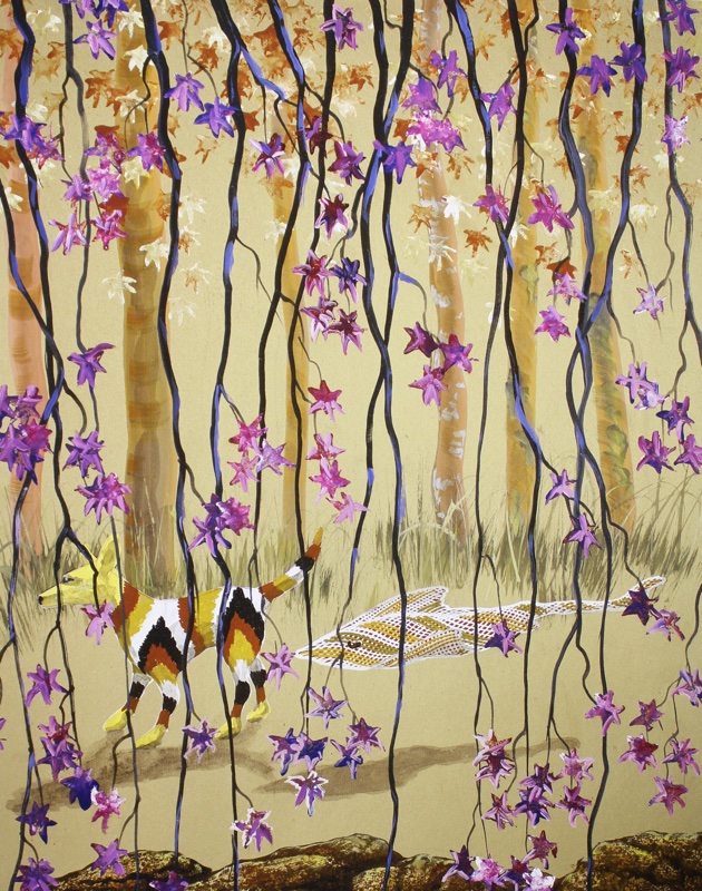 A painting of a dingo, coloured with red, white and black stripes, and a stingray, in a forest, long branches hanging down with purple leaves.