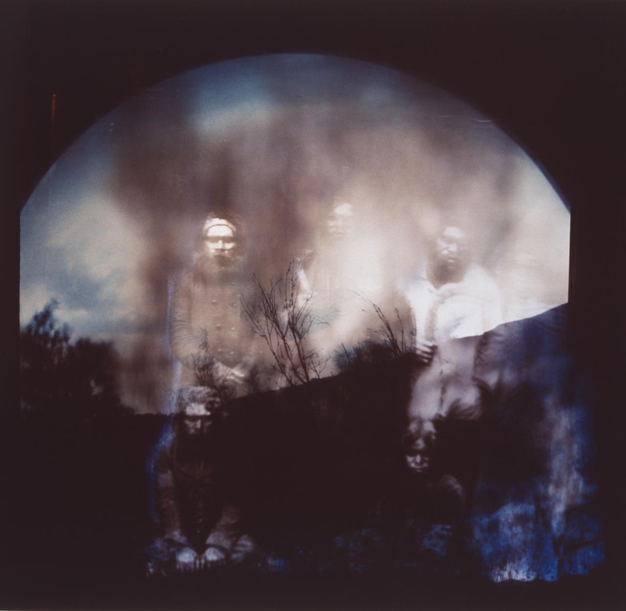 Artwork superimposing faded photography of Indigenous Australian people over a silhouetted landscape.