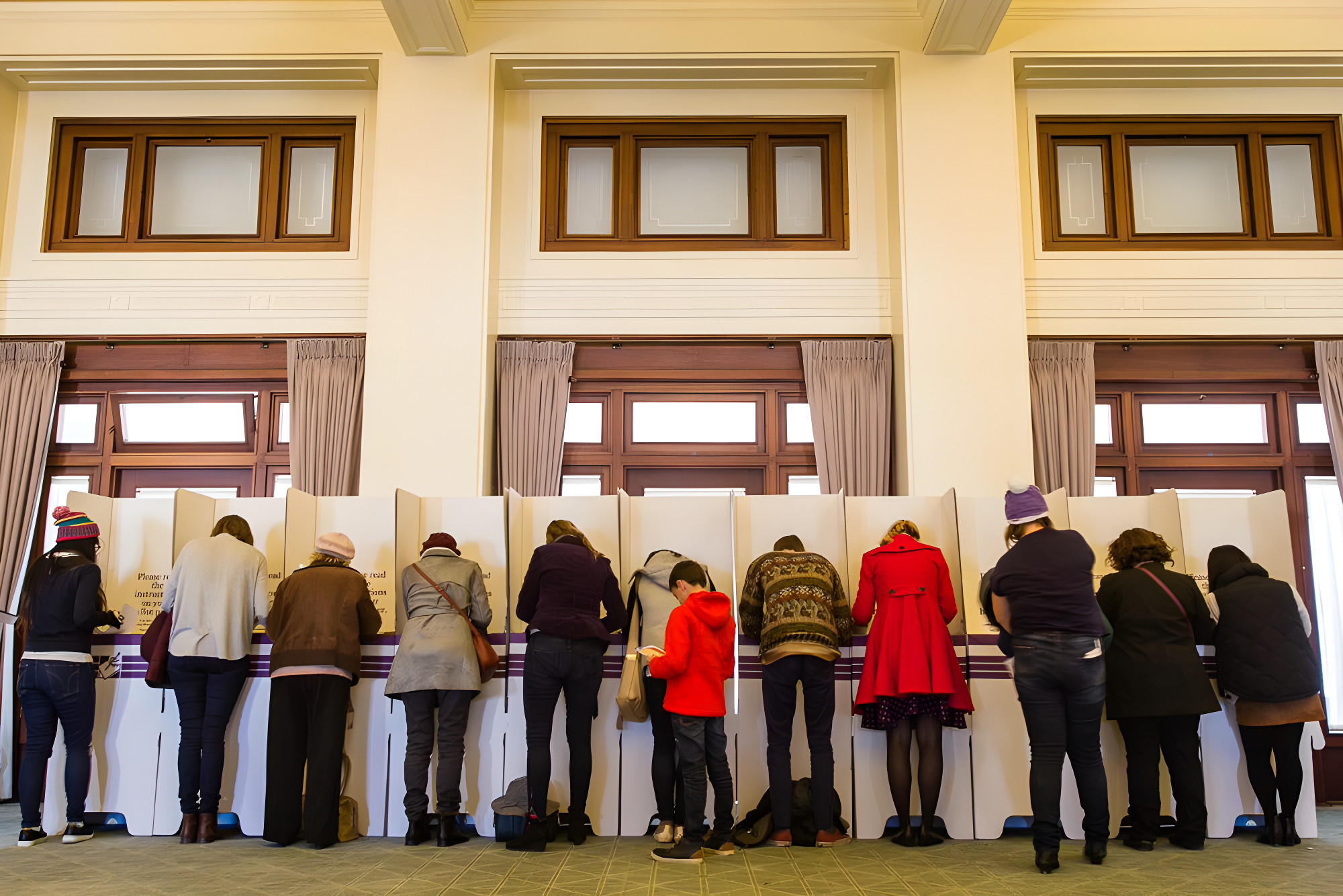 A line of twelve people, each standing at a cardboard voting booth.