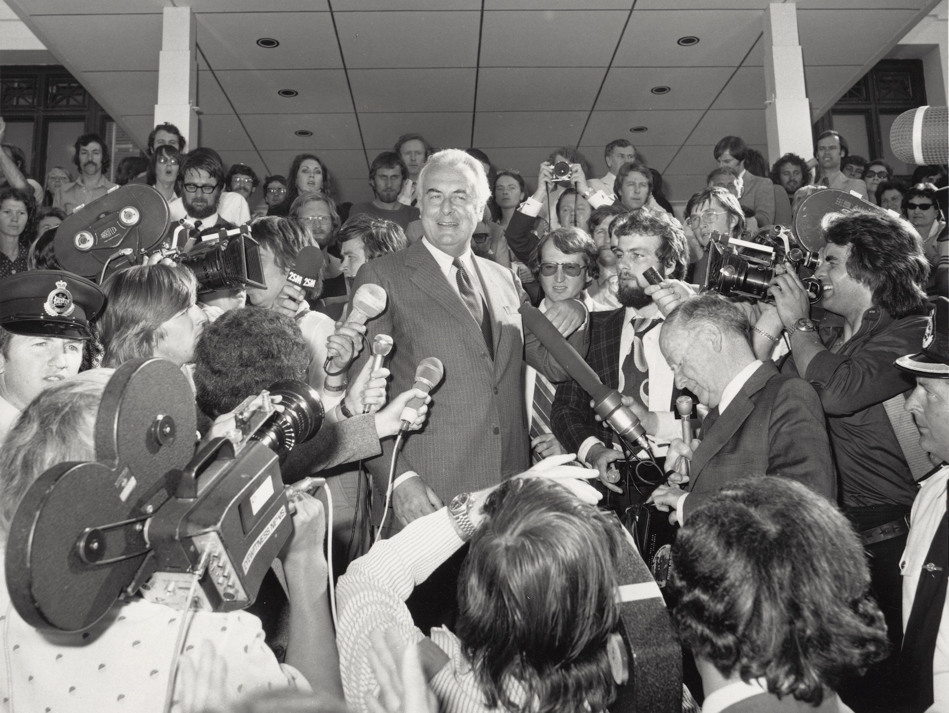 Photograph of Gough Whitlam on the front steps during his dismissal on the 11th of November 1975