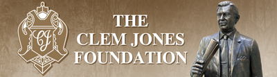 A statue of a man and the words The Clem Jones Foundation next to it. 