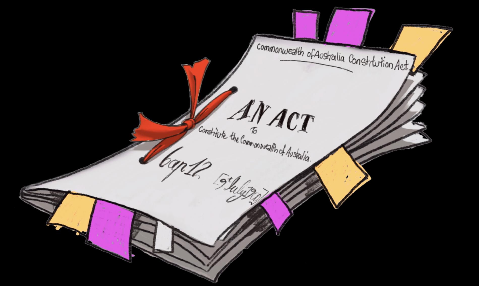 A cartoon of the Constitution with a red binding and the words 'An Act to Constitute the Commonwealth of Australia'.