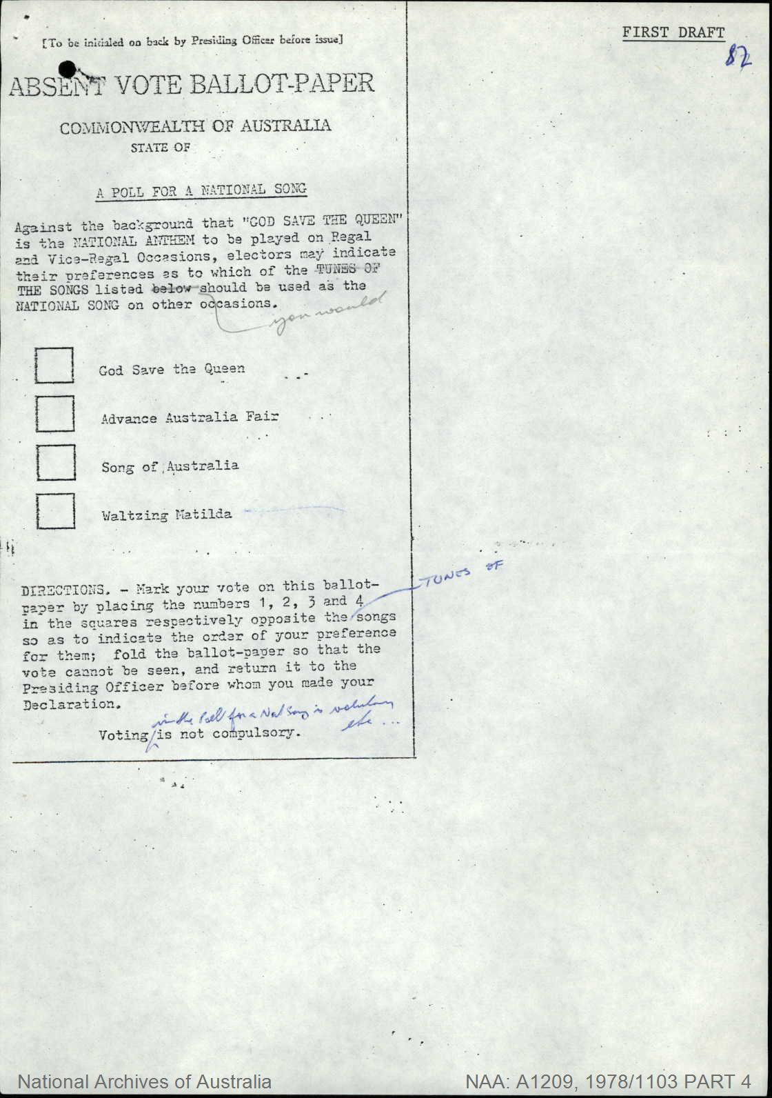 A draft postal voting ballot paper for the National Song poll from 1977. 