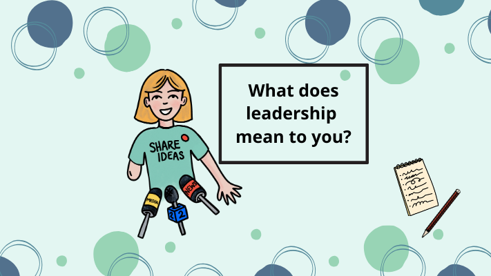 A one-armed person with shoulder-length fair hair, standing in front of three microphones, with the words 'What does leadership mean to you?' in a square.