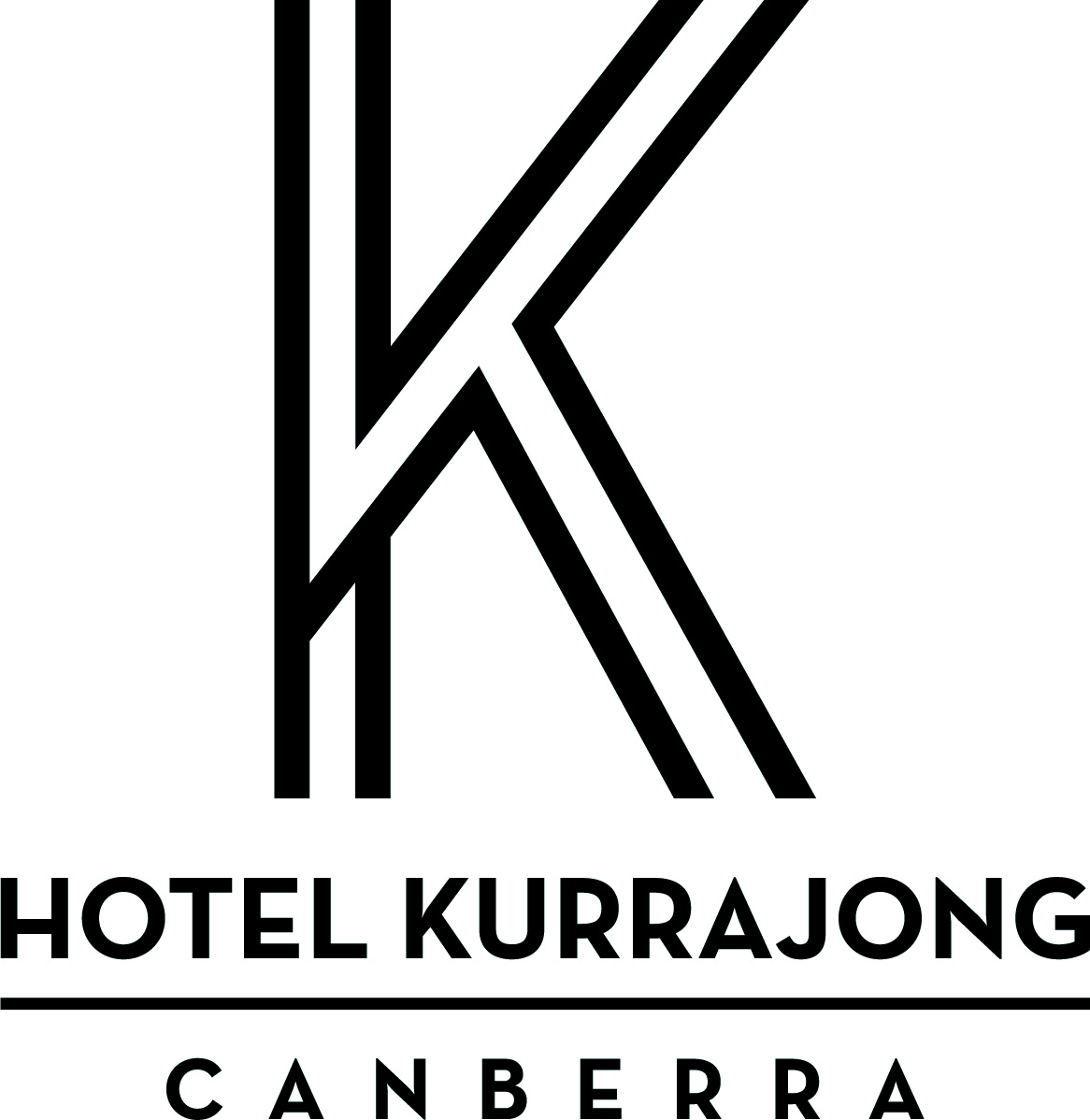 A black and white logo with the letter K featured and the words Hotel Kurrajong Canberra underneath it. 