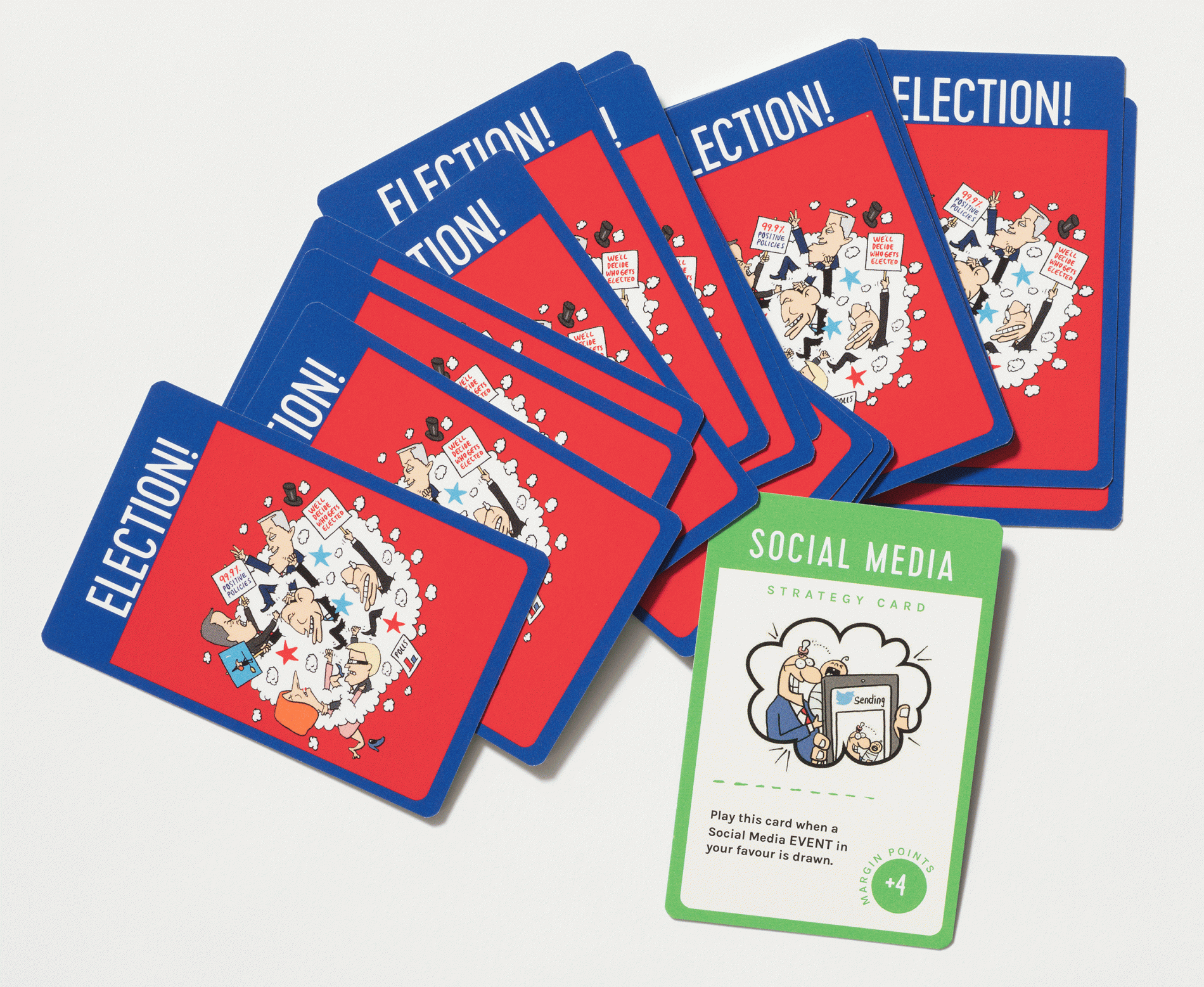 A deck of cards fanned out in a pile. Some cards are red with a blue border and the word Election! written at the top.  There is a cartoon caricature of politicians in the centre of each cartoon. There is one card with a green border with the words 'Play this card when a social media event in your favour is drawn. Margin points plus 4'.