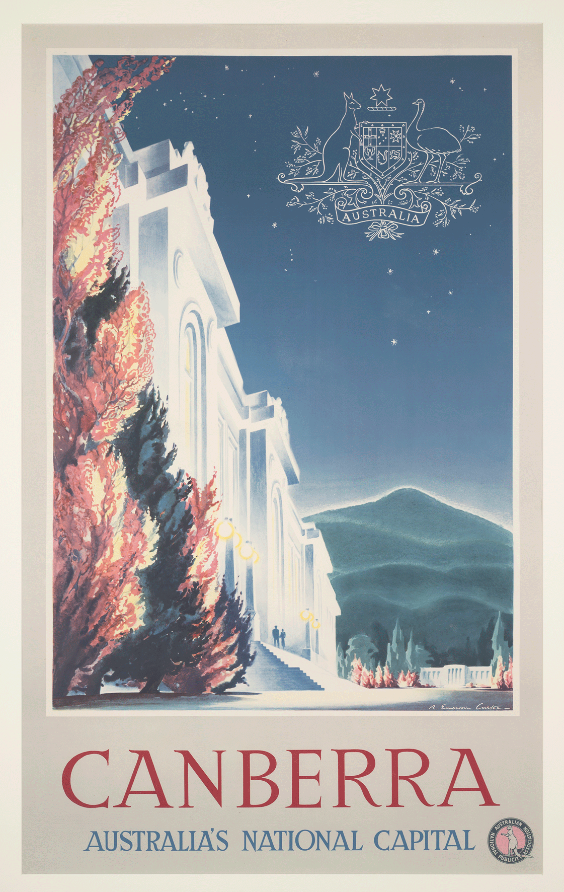 An illustrated travel poster with the words 'Canberra Australia's National Capital' at the bottom and the front of a large white building with a mountain in the background. 