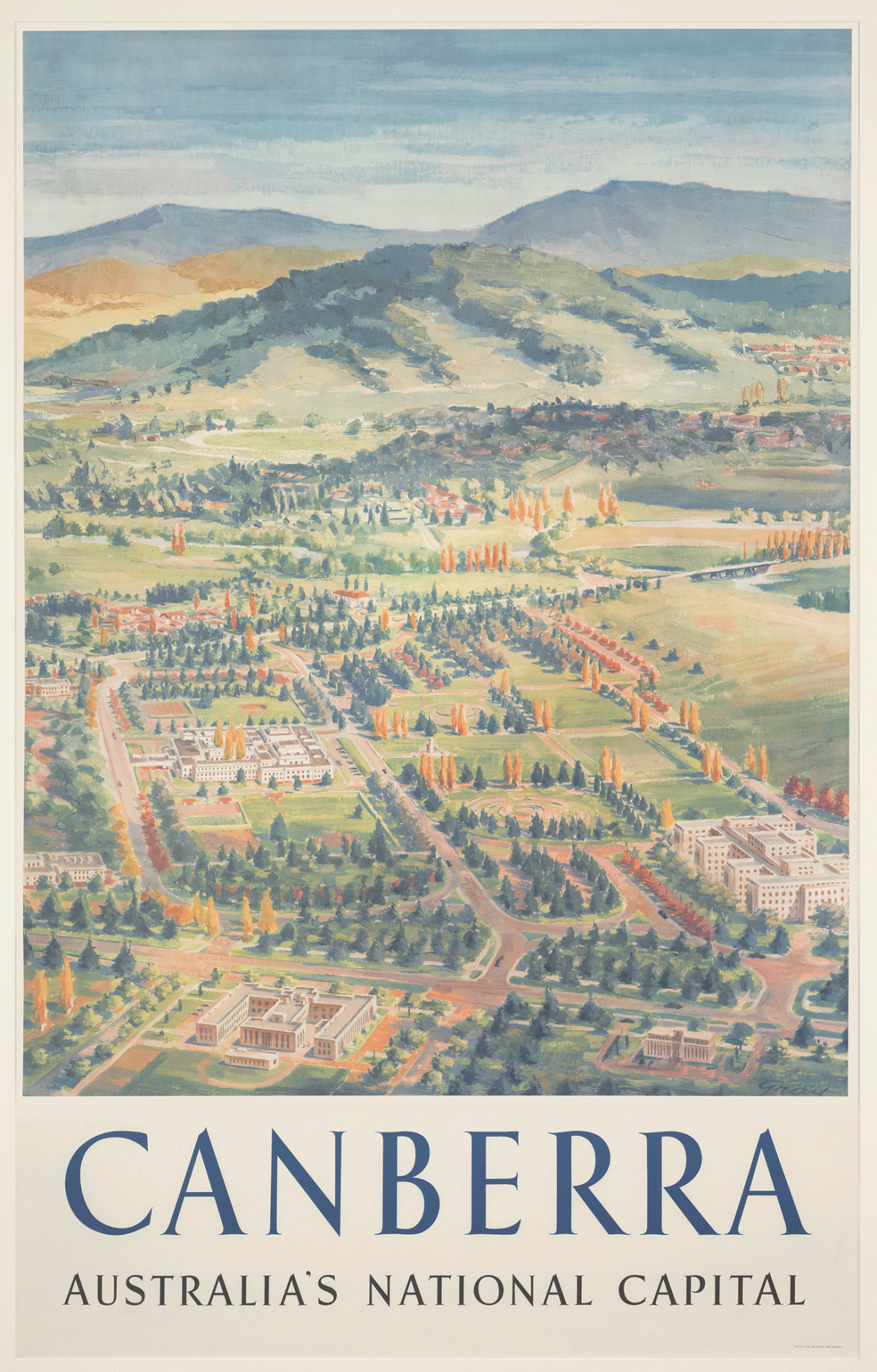 An illustrated travel poster showing a view looking down onto rows of trees surrounding a white building. The words Canberra, Australia's National Capital are along the bottom.