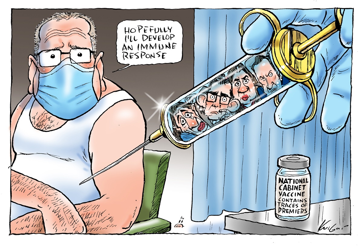 Scott Morrison wearing a face mask receives a vaccine titled, 'National Cabinet Vaccine'. He says, 'Hopefully I'll develop an immune response'.