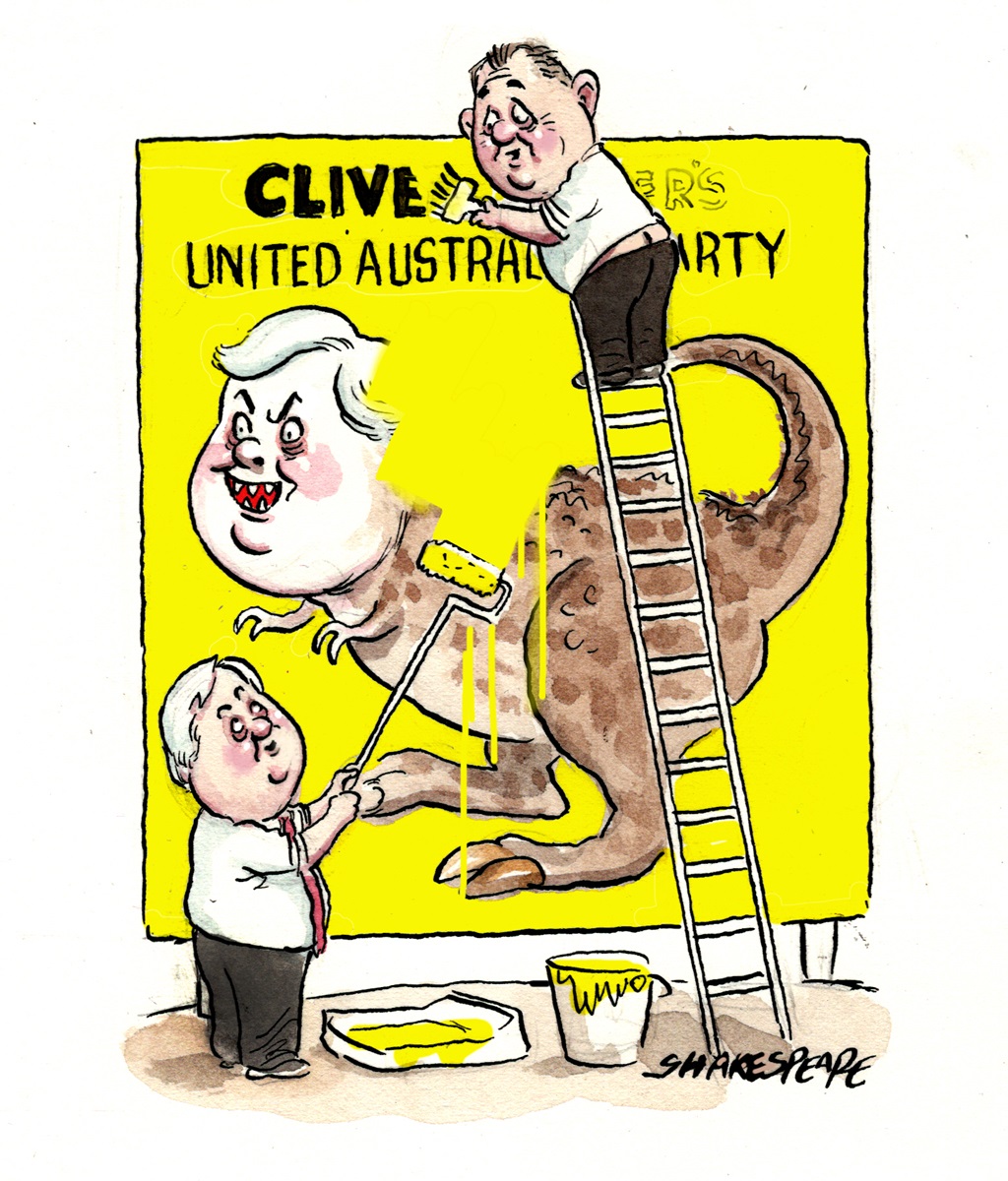 Craig Kelly is on a ladder painting over a poster of Clive Palmer as a dinosaur. Palmer is also painting it.