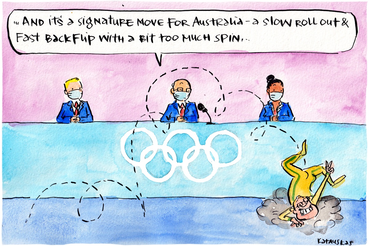 Three judges at the Olympics. In front is Scott Morrison crashing. Text reads, ' And it's a signature move for Australia – a slow roll out and fast backflip with a bit too much spin'.