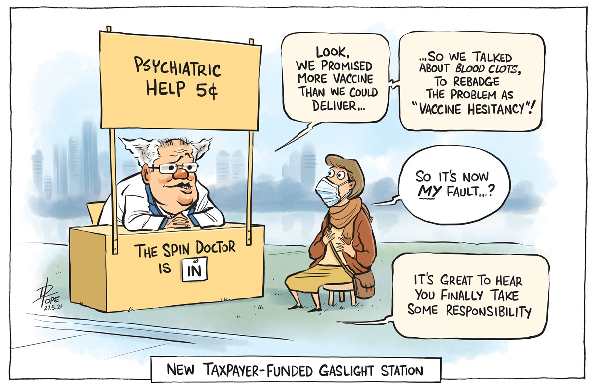 Scott Morrison sits at a 'Spin doctor' booth. He gaslights a member of the public into thinking it's their fault the vaccine rollout was slow. Text reads: 'New taxpayer-funded gaslight station'.