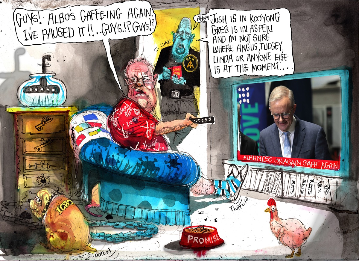 A man pointing to a TV says, 'Guys! Albo's gaffe-ing again. I've paused it!!.. Guys!? Guys!?' Another man says, 'Ahem. Josh is in Kooyong. Greg is in Aspen. And I'm not sure where Angus, Tudgey, Linda or anyone else is at the moment...'