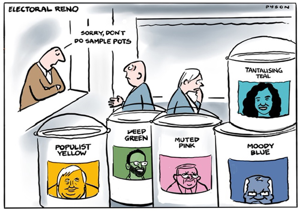 Caricatures of leaders of political parties on coloured paint tubs. A man says, 'Sorry, don't do sample pots' to a prospective buyer. Another person walks away.