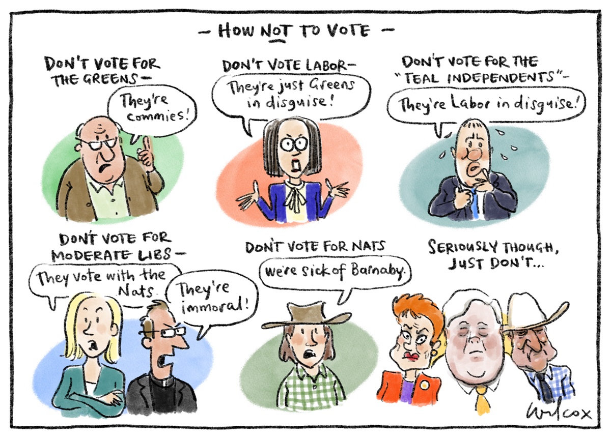 A 'How not to vote' card with six caricatures and reasons not to vote for those political parties or politicians.