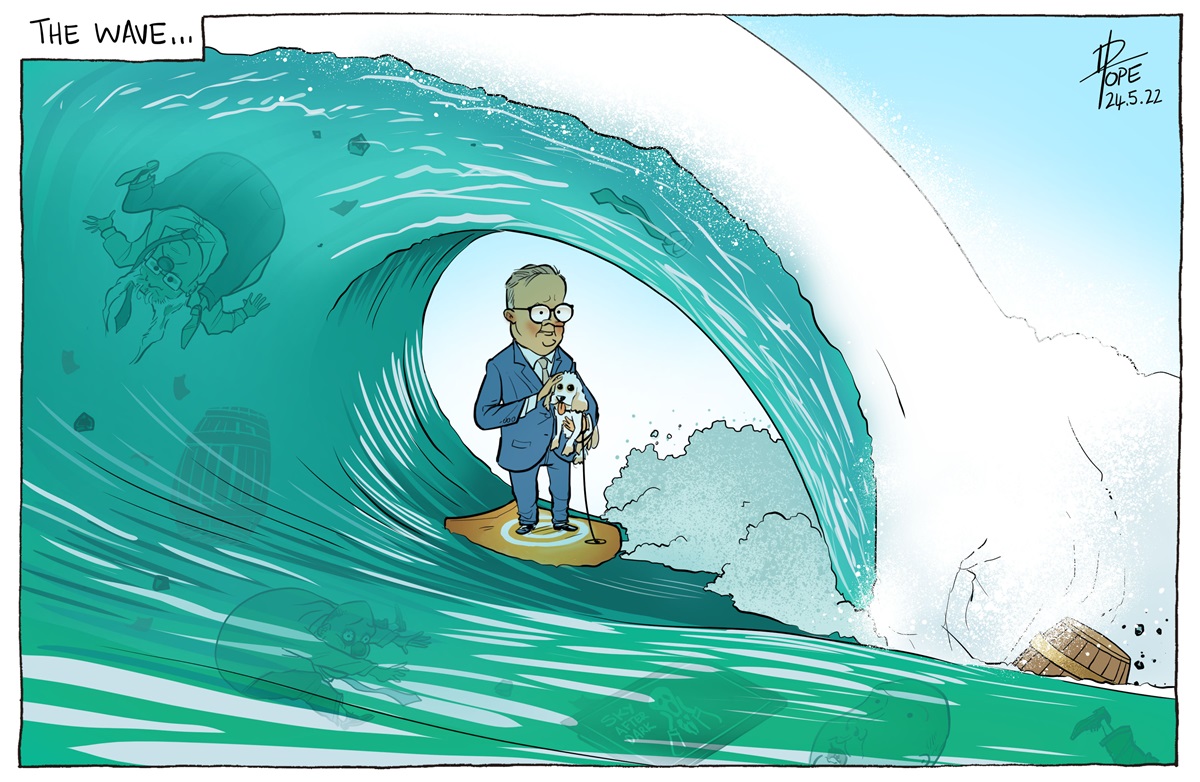 Anthony Albanese holds a small dog while surfing a teal-coloured wave. In the wave are barrels and caricatures of political opponents.