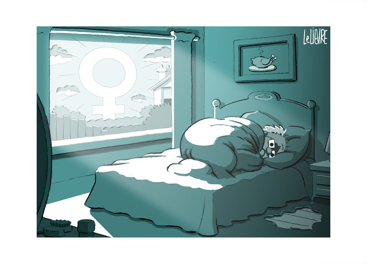 Scott Morrison lies in bed, facing away from the window where a circle above a cross, the symbol for women, acts as the sun. A cooked goose picture hangs above the bed. The cartoon is in a teal wash.