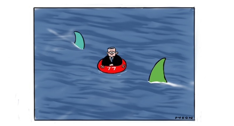 Anthony Albanese sits on a life raft with the number 77. A teal and a green shark fin approach him.