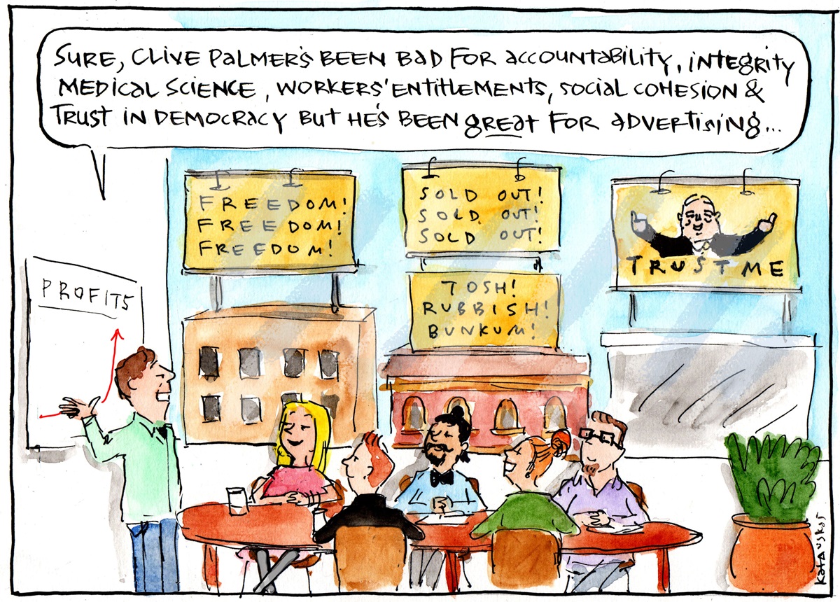 A board meeting where Clive Palmer's shortfalls and benefits are outlined. In the background are various billboards representing the United Australia Party. 