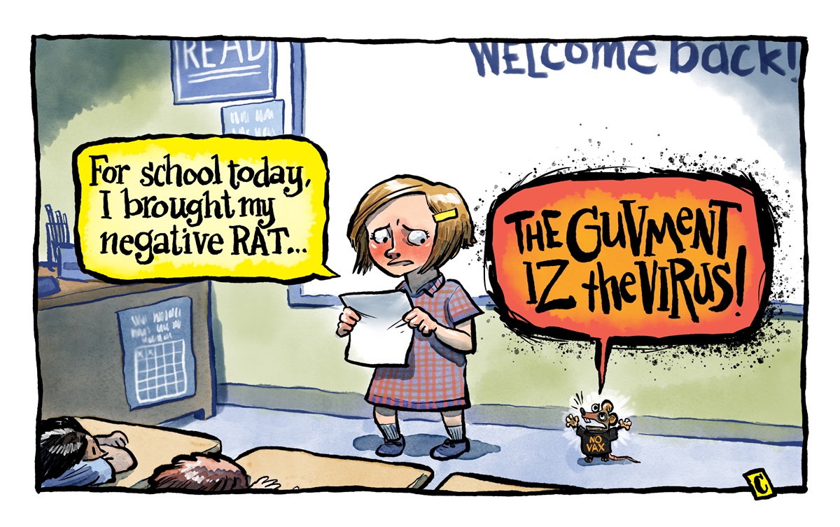 At a show and tell in a classroom, a girl shows her 'negative RAT' (rapid antigen test), depicted by a rat who proclaims, 'The guvment iz the virus!' 