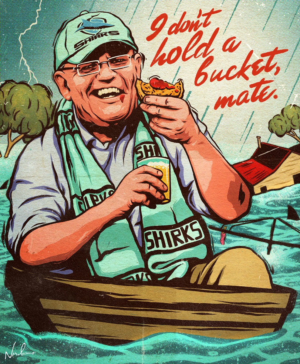 Scott Morrison is on a boat in floodwaters dressed in Cronulla Sharks attire. 'Sharks' is replaced with 'Shirks'. Text reads 'I don't hold a bucket, mate.'