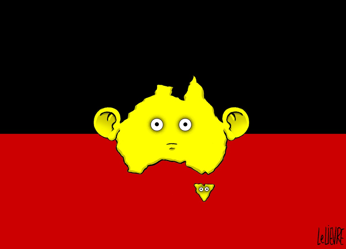 Aboriginal flag, but the centre yellow circle is Australia with a face and ears.