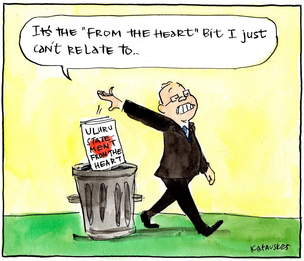 Scott Morrison walks away from a bin throwing a document called, 'Uluru Statement from the Heart' into it. Morrison says, 'It's the "From the Heart" bit I just can't relate to...'