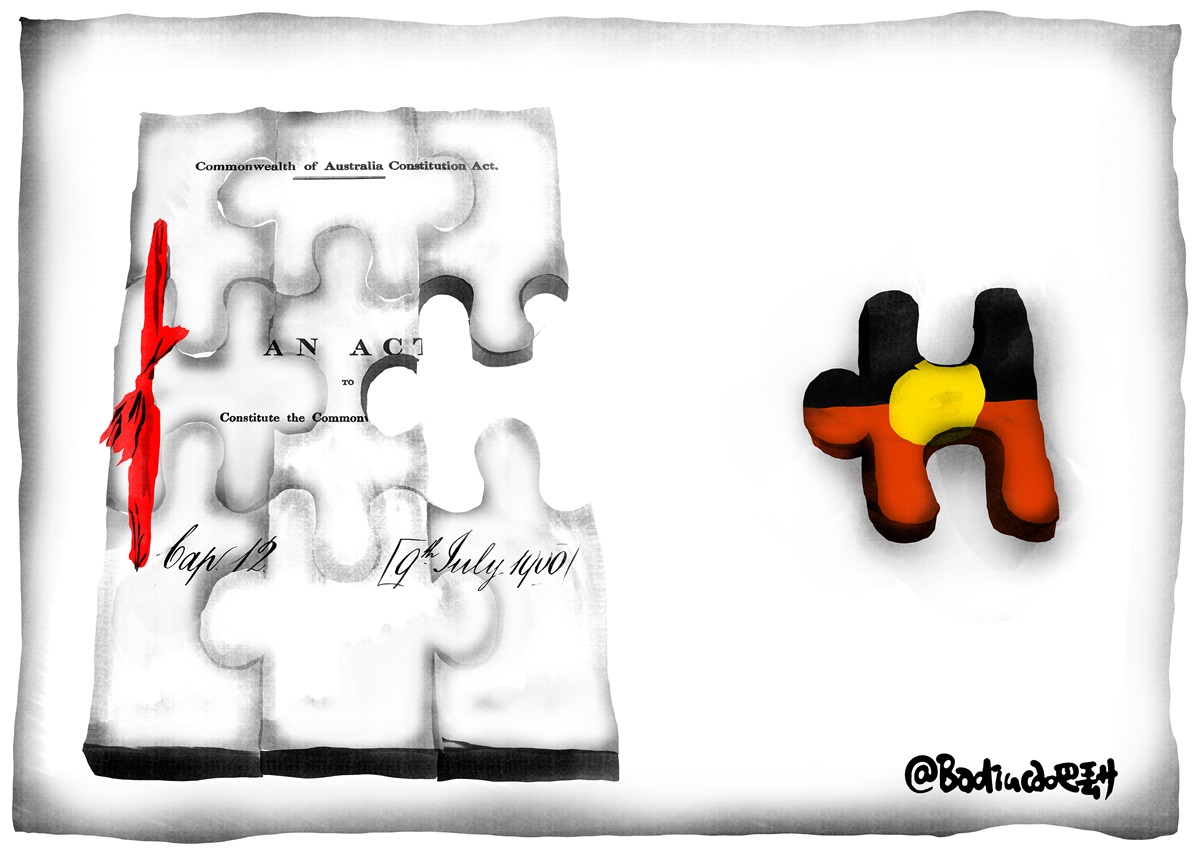 The Constitution is a puzzle with a piece missing. There is a piece next to it with the Aboriginal flag shaped as the missing puzzle piece.