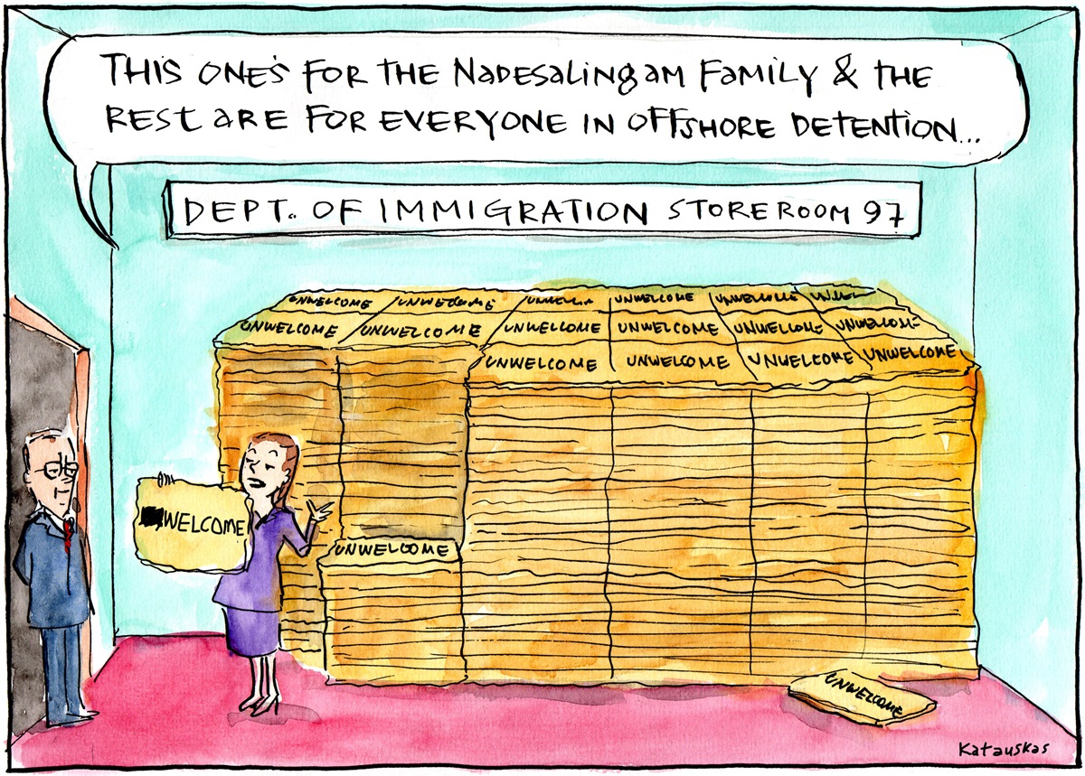 Room called 'Dept. of Immigration Storeroom 97' containing piles of 'Unwelcome' mats. A woman shows a man a 'Welcome' mat for one family, but says the rest are for 'everyone in offshore detention'.