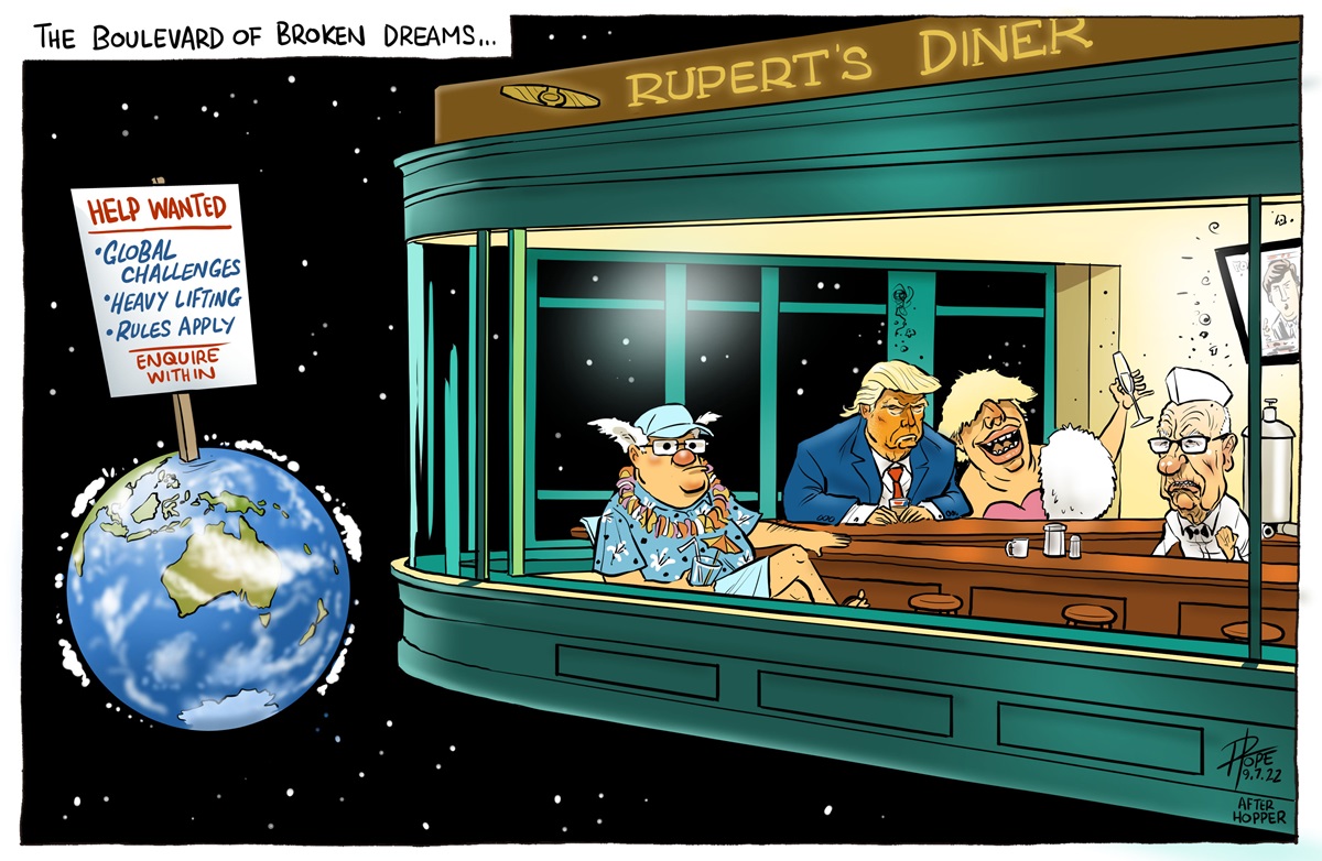 A space restaurant in the style of 'The Hitchhiker's Guide to the Galaxy' called 'Rupert's Diner'. Donald Trump and two others sit inside. Rupert Murdoch is behind the bar. Earth is pictured with a sign, 'Help wanted... Enquire within'.