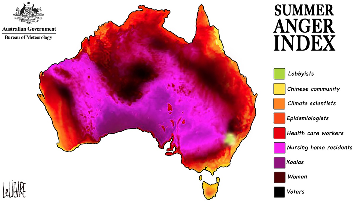 A heat map from the Bureau of Meteorology titled, 'Summer anger index'. Instead of temperatures, it shows different groups' level of anger.