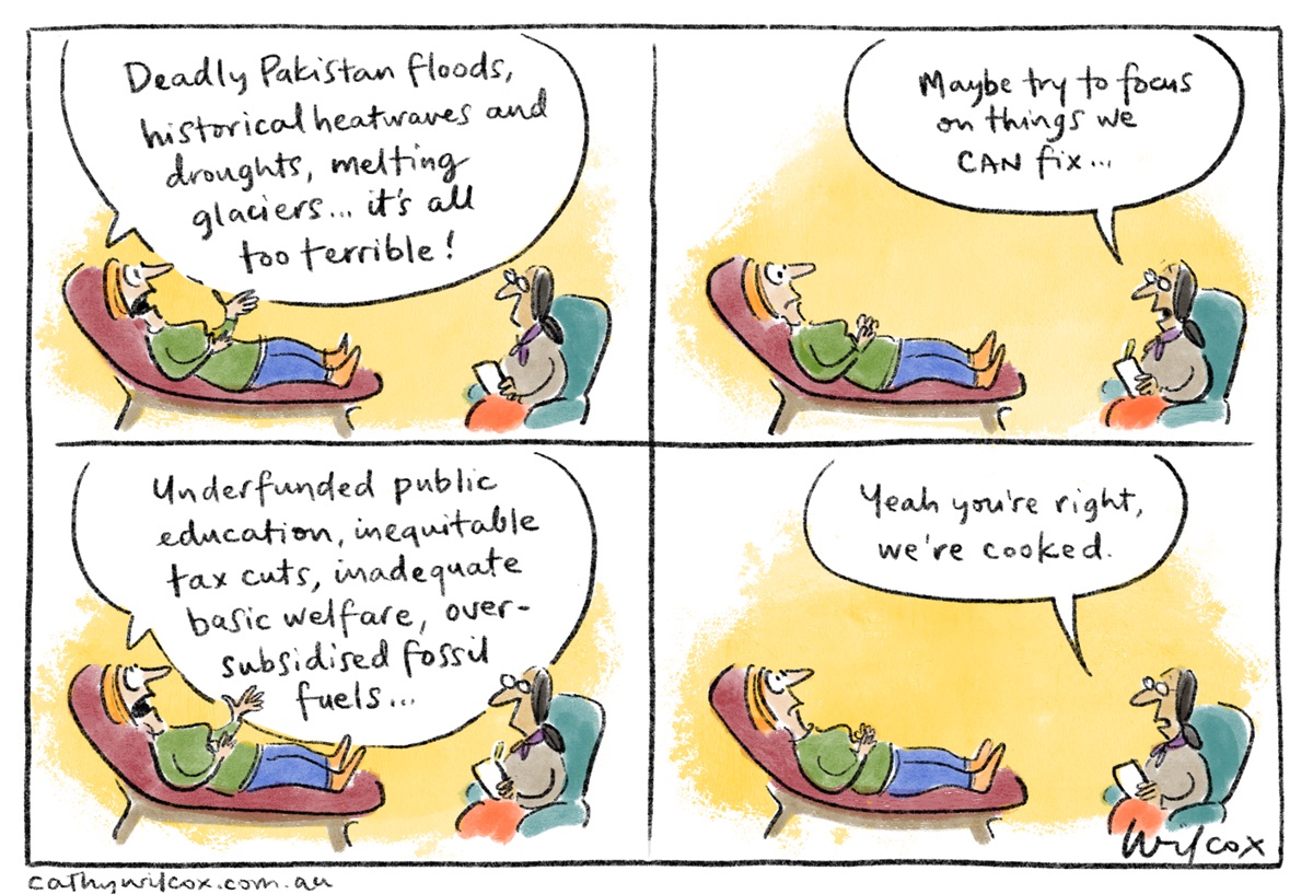 Four panels of a therapy session. A woman on a couch lists global issues. Therapist suggests focusing on fixable things. Woman lists more issues. Therapist says, '... we're cooked'.