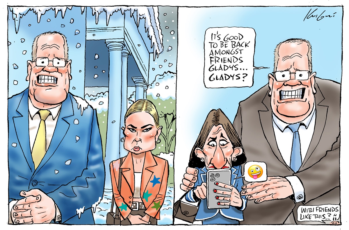 First panel Scott Morrison is in an icy climate next to Grace Tame. Second panel he is next to Gladys Berejiklian saying, 'It's good to be back amongst friends Gladys... Gladys?'