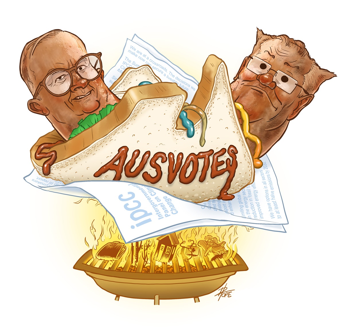 Caricatures of Anthony Albanese and Scott Morrison are at either end of a sausage. Sauce on the bread reads, 'Aus votes'. A wallet, house, medical kit and elderly person are in the fire that's cooking the sausage sandwich. 