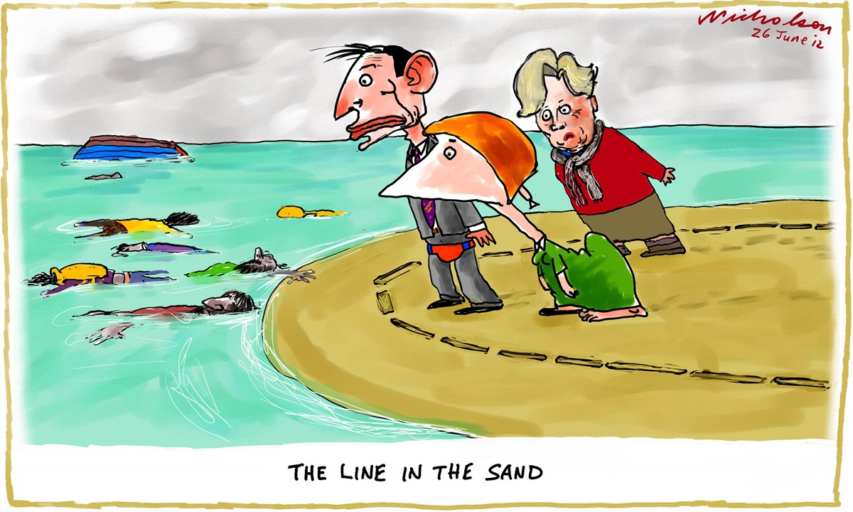 Julia Gillard, Tony Abbott and Christine Milne are on a beach standing behind a line in the sand. In the water are dead bodies and a capsized boat. Text reads, 'The line in the sand'.