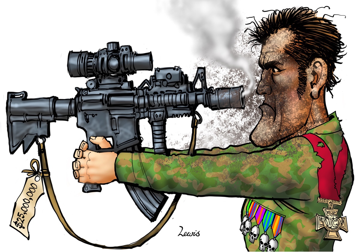 Ben Roberts-Smith wearing military uniform and medals depicted as skulls fires a gun backward at himself. A $25,000,000 price tag is on the gun.