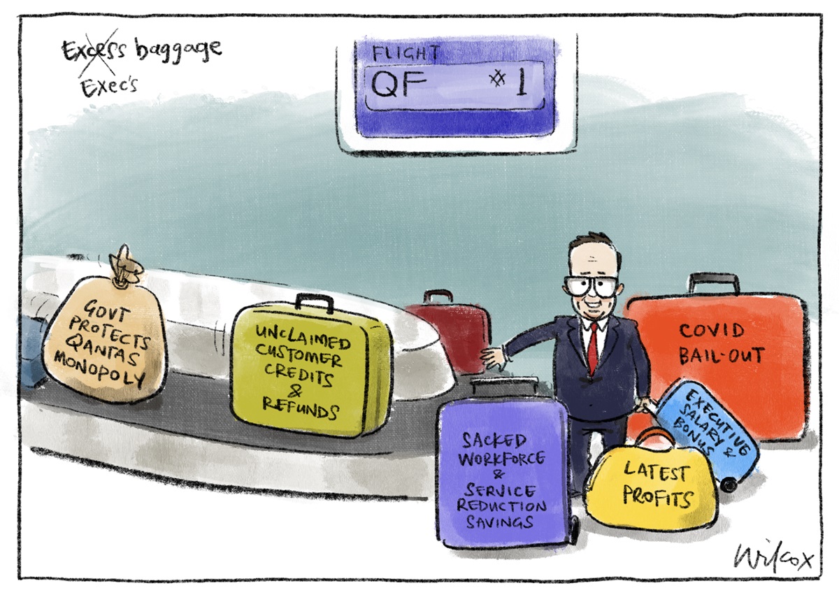 Alan Joyce in a suit and glasses collects colourful 'Exec's baggage' from a Qantas flight airport conveyor belt. Bags include 'Latest profits' and 'COVID bail-out'.