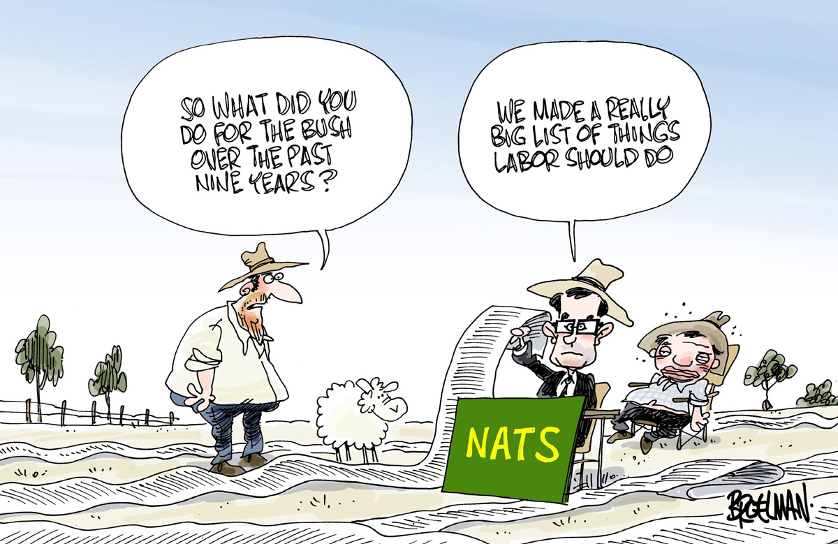 David Littleproud sits behind a 'Nats' sign in a paddock, holding a long paper list which flows around him across the land. A farmer asks, 'So what did you do for the bush over the past nine years?'