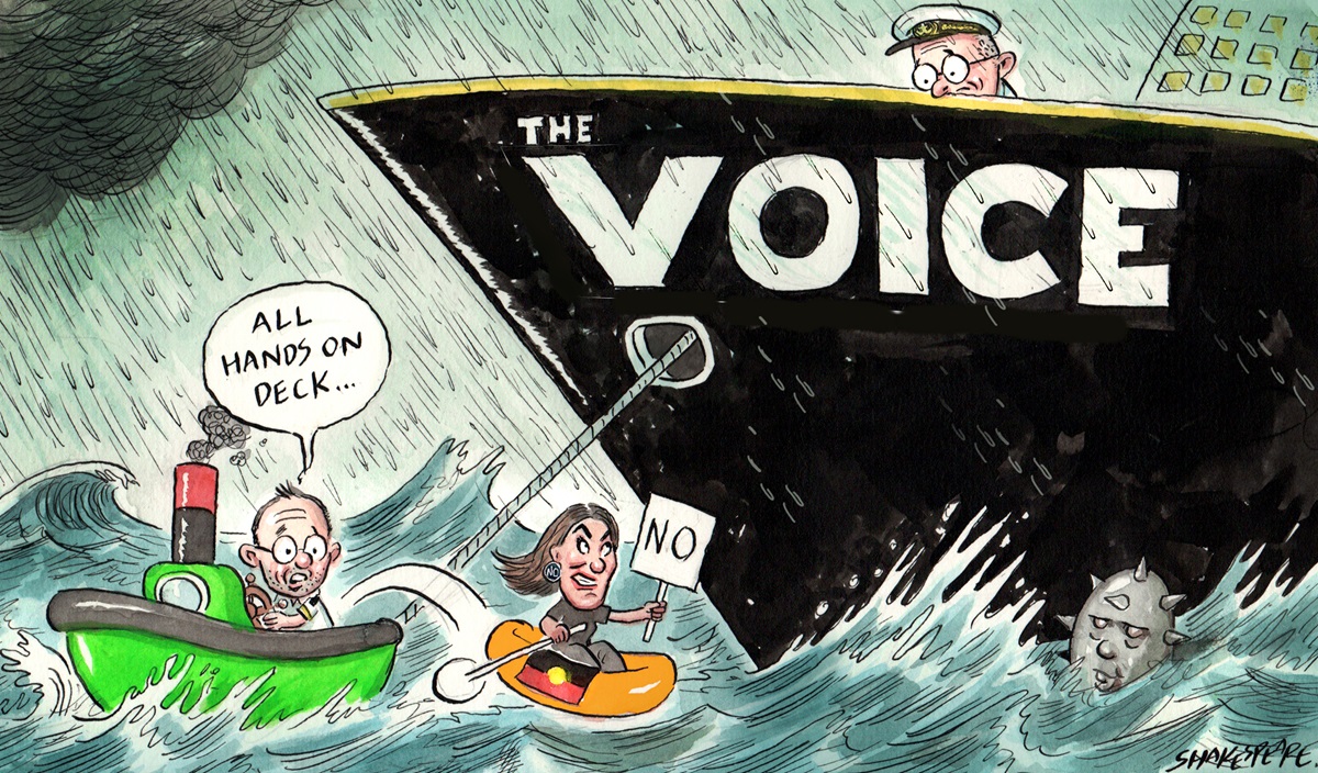 Lidia Thorpe jumps out of a green tugboat into stormy sea water in a small orange life raft marked with the Aboriginal flag and holding a 'No' sign. A large ship called 'The Voice' is tethered to the green tugboat.