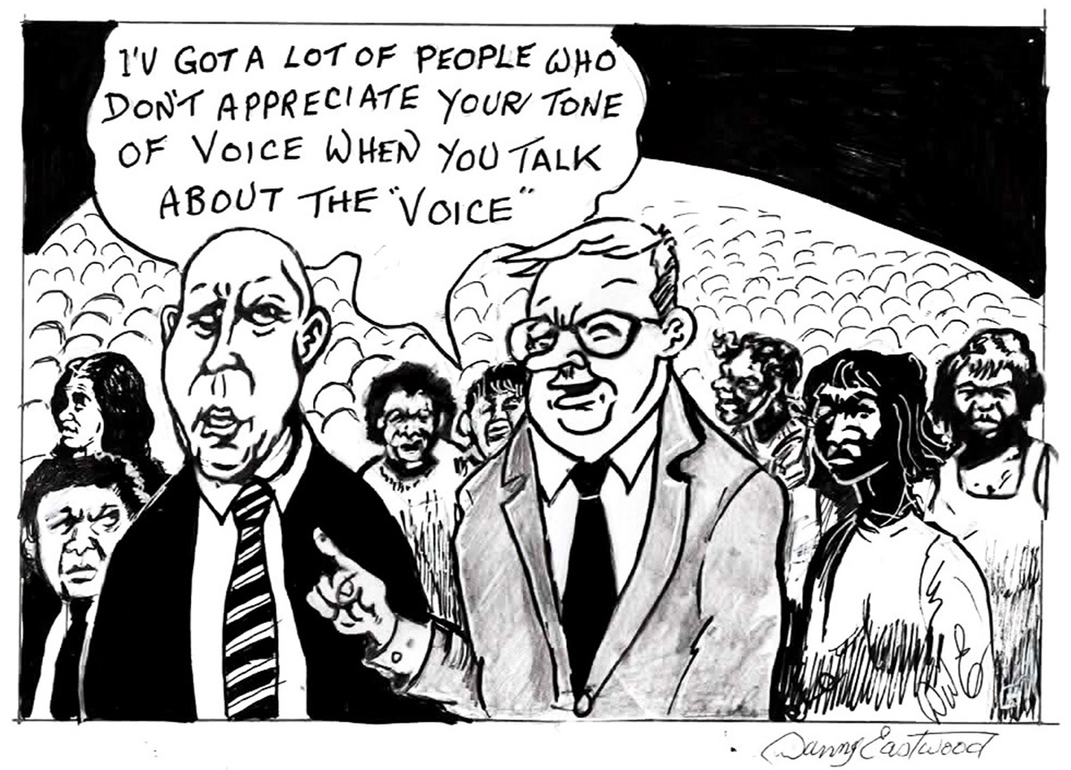 Anthony Albanese says to Peter Dutton, 'I've got a lot of people who don't appreciate your tone of voice when you talk about the "Voice"'. Behind them is a group of First Nations people.