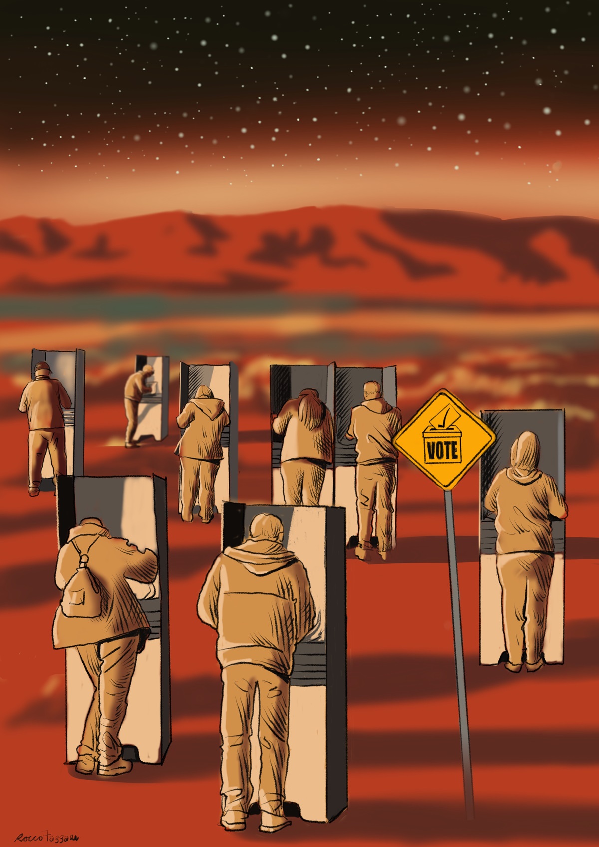 People stand at voting booths scattered across a red desert landscape.