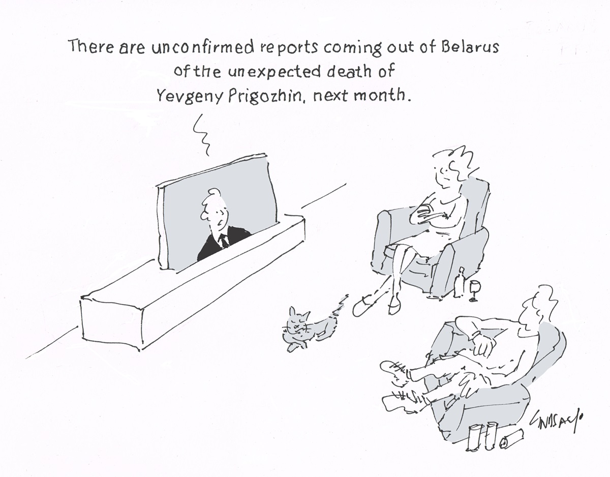 A couple sit watching TV. On TV a newsreader says, 'There are unconfirmed reports coming out of Belarus of the unexpected death of Yevgeny Prigozhin, next month.'