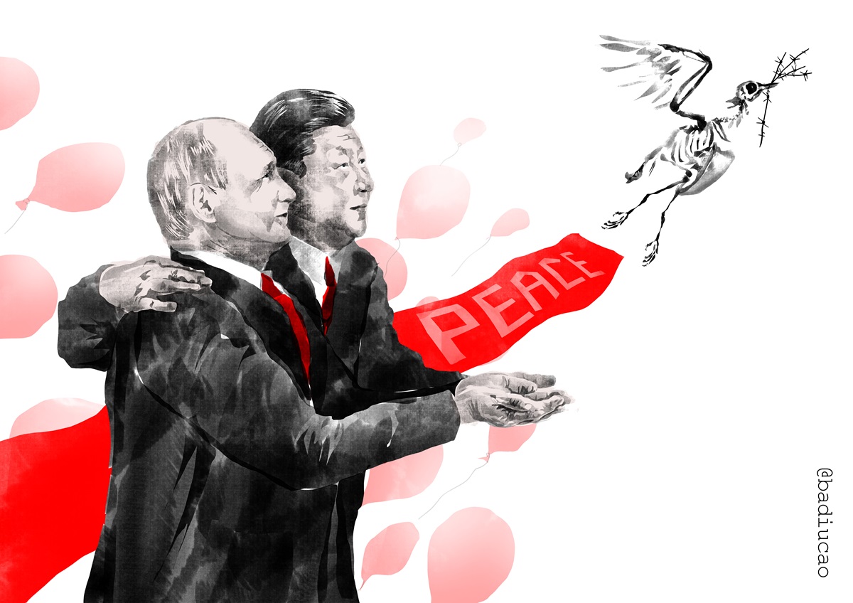 In the style of political propaganda posters, Vladimir Putin and Xi Jinping launch a bird skeleton into the sky with the word 'PEACE' trailing in a red banner.