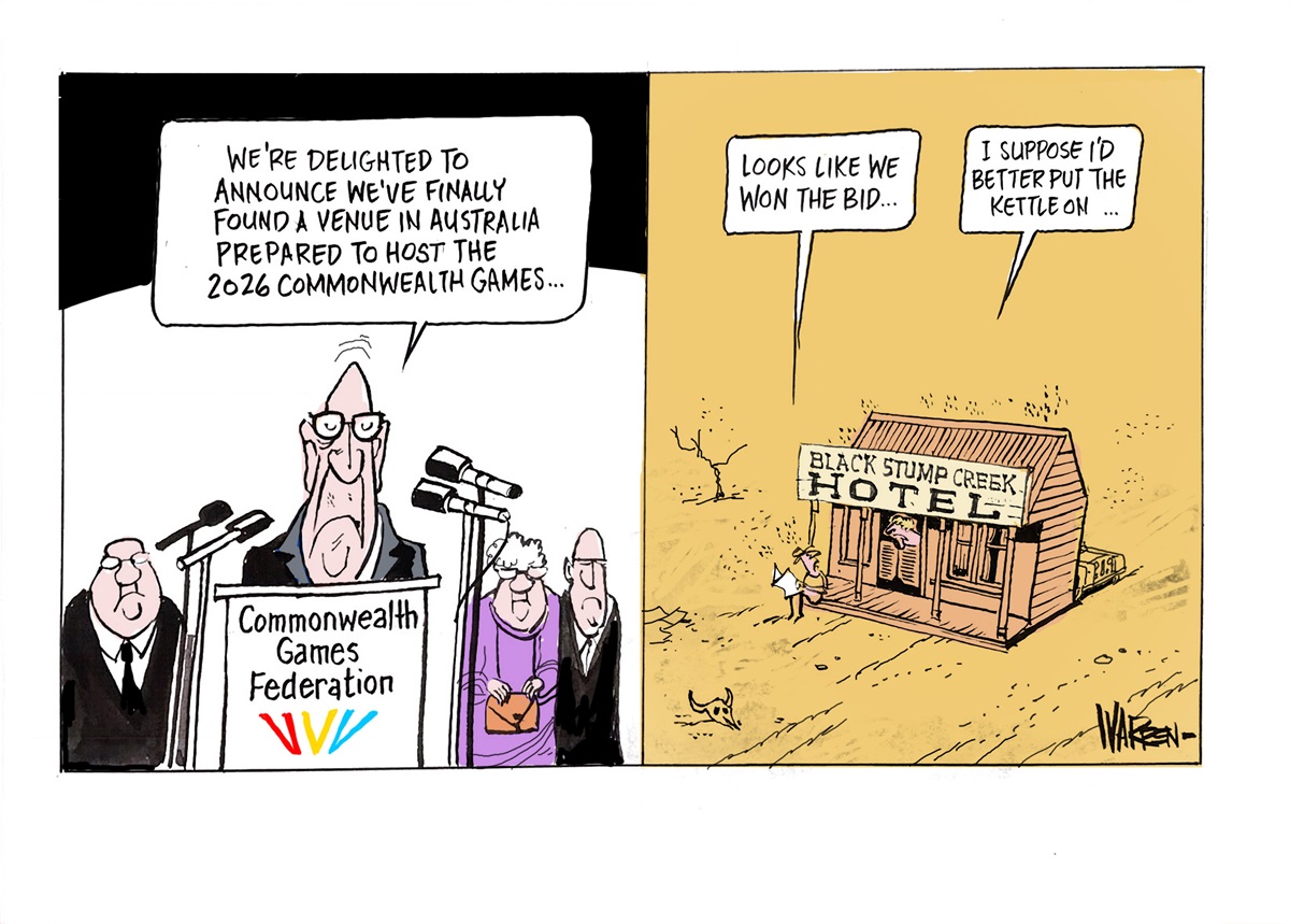 Two panels. First panel, the 'Commonwealth Games Federation' announces a new venue for the 2026 Commonwealth Games. Second panel, a man at a remote pub says, 'Looks like we won the bid', a voice replies, 'I suppose I'd better put the kettle on.'