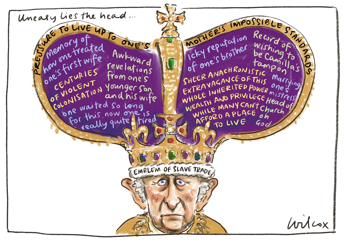 Entitled 'Uneasy lies the head...' King Charles wears a large purple crown. On the crown there is a list of uncomfortable truths about his past and the British monarchy.