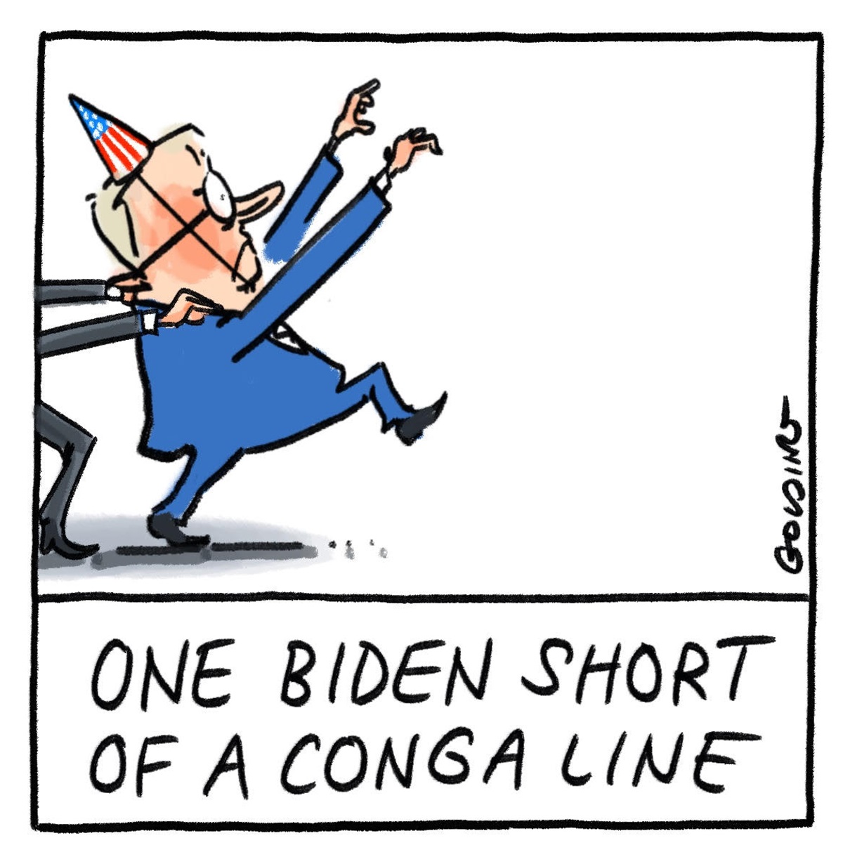 Entitled, 'One Biden short of a conga line,' Anthony Albanese wears a red, white and blue party hat, somebody's hands are on his shoulders, and his arms reach forward.