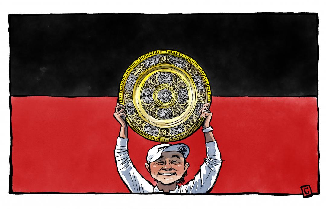 Aboriginal flag. The central yellow circle is replaced by Ash Barty's Wimbledon trophy. She is holding it above her head, smiling.