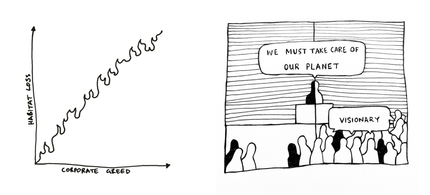 A graph with 'Habitat loss' and 'Corporate greed'. The line is in the shape of fire. The right side contains a speaker who is half black, half white saying, 'We must take care of our planet'. The crowd says, 'Visionary'.